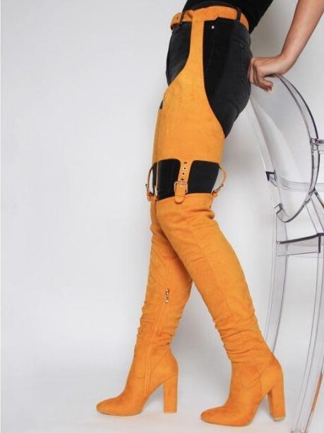 

Solid Black Yellow Python Suede Leather Woman Belts Cuts Out Chunky Heels Over The Knee Pointed Toe Thigh Long Boots, As picture