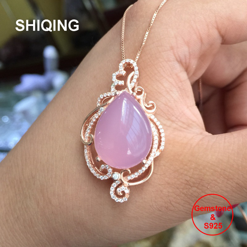 

SHIQING Gemstone necklace nature pink chalcedony big stone exquisite vintage parttern silver necklace for women