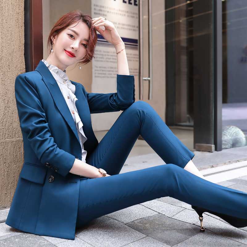 

Ladies Office Elegant Blue Women Business Suits Autumn Winter Formal Uniform Designs Pantsuits Styles Professional Blazers, White blouse