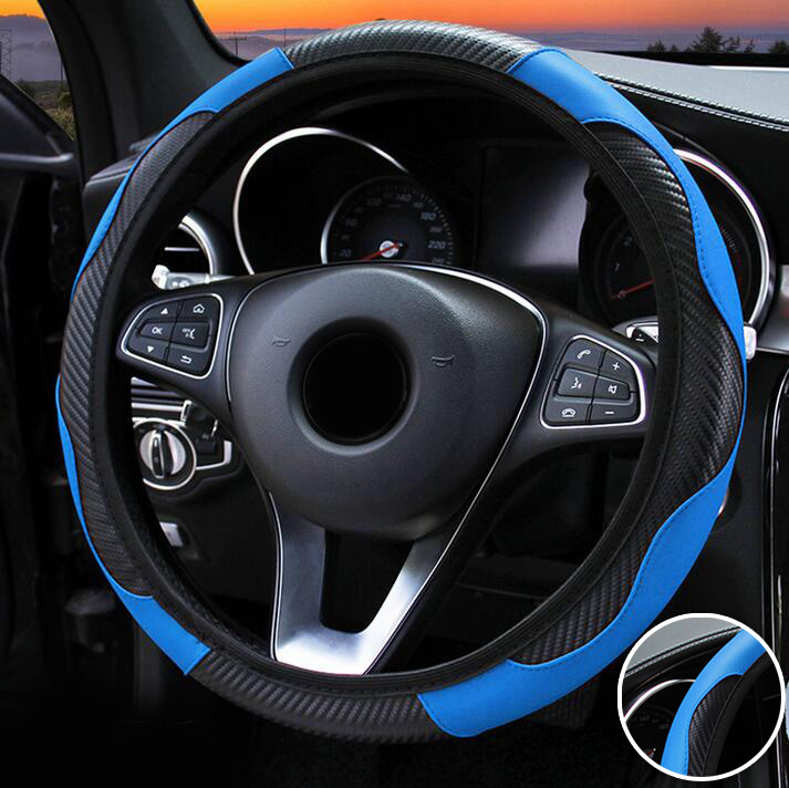 

1x Steering Wheel Cover Blue Black 37-38cm Car Interior Carbon Fiber Leather Elastic Interior Style Easy Decoration Replacement