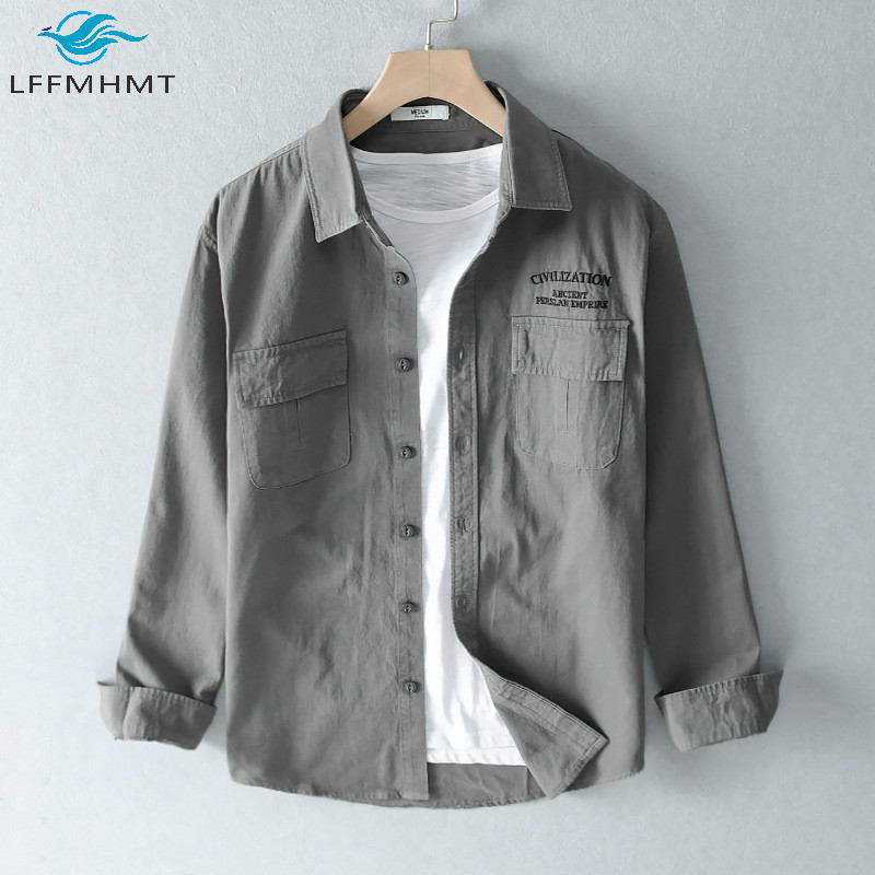 

Men's Spring New Fashion Long Sleeve Shirts 100% Cotton Embroidery Casual Vintage Japanese Style Harajuku Simple Shirt Wild Tops, Green