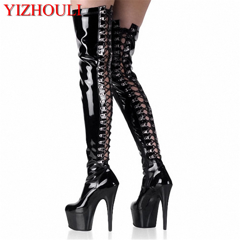 

6 inches above knee and thigh high boots cross gladiator boots 15 cm high heels for women, sexy club pole dancing, Black