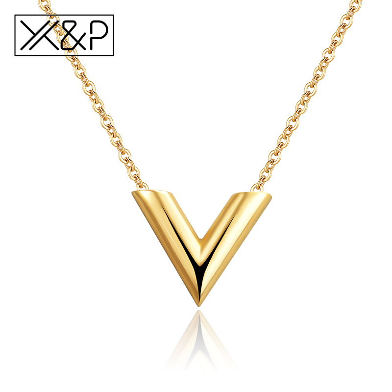 

X&P Fashion Brand Rose Gold Long Pendant Necklace for Woman Men 316L Stainless Steel V Letter Choker Necklace Jewelry Gift