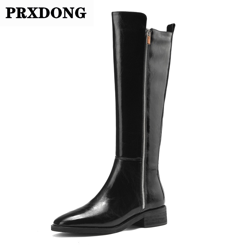 

Brand Concise Fashion Women Knee High Boots Metal Zipper Soft Leather Shoes Woman Autumn Winter Low Med Heels Black Long Boots