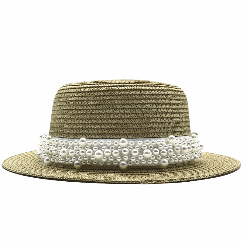 

Wide Brim Hats Summer Flat Sun For Women Chapeau Feminino Straw Hat Panama Style Cappelli Side With Pearl Beach Bucket Cap Girl Topee, Khaki 2