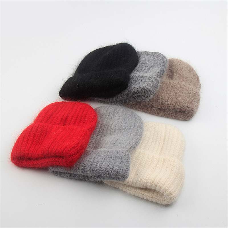 

Beanies Women Knitted Winter Hat Female Warm 50% Fluff Beanie Girl Solid Bonnet Femme Skullies Soft Hats For Caps