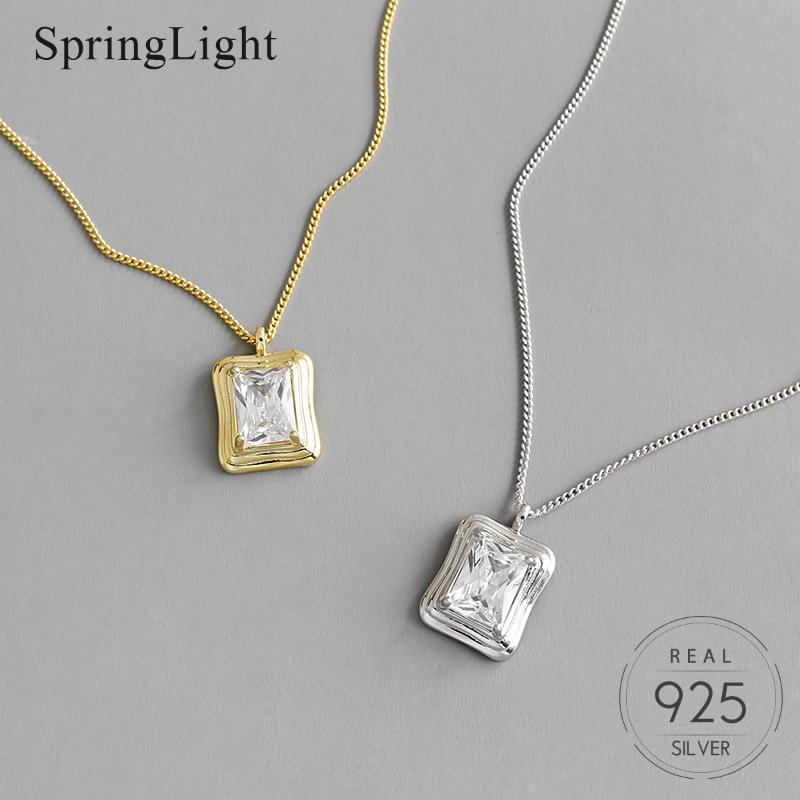 

Springlight Simple Square Zircon Pendant Necklace Real 925 Sterling Silver Creative Handmade Fine Jewelry Necklaces for Women