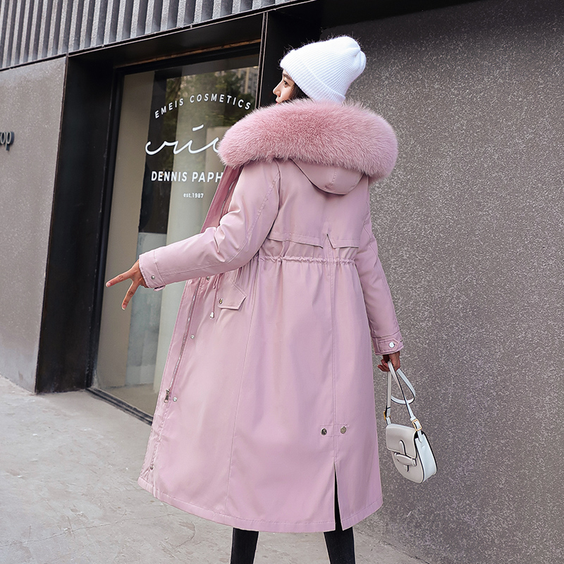 

Long Slim Fur Collar Winter Jacket Women Casual Adjustable Waist Warm Thicken Hooded Down Parka Coat Female, Beige