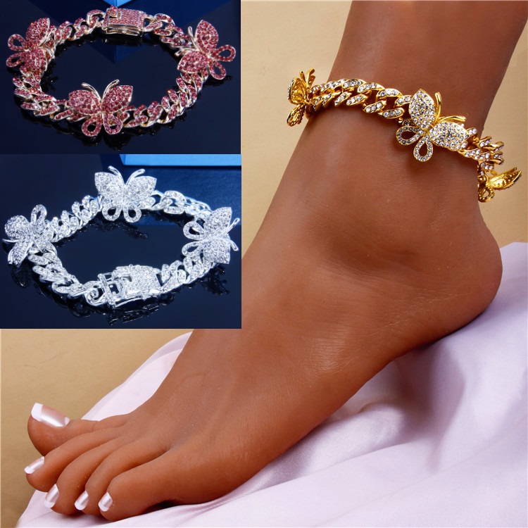 

Gold Silver Color Pink 3 colors Crystals Cuban Chain Butterfly Leg Chain Foot Jewelry Women Anklet Summer