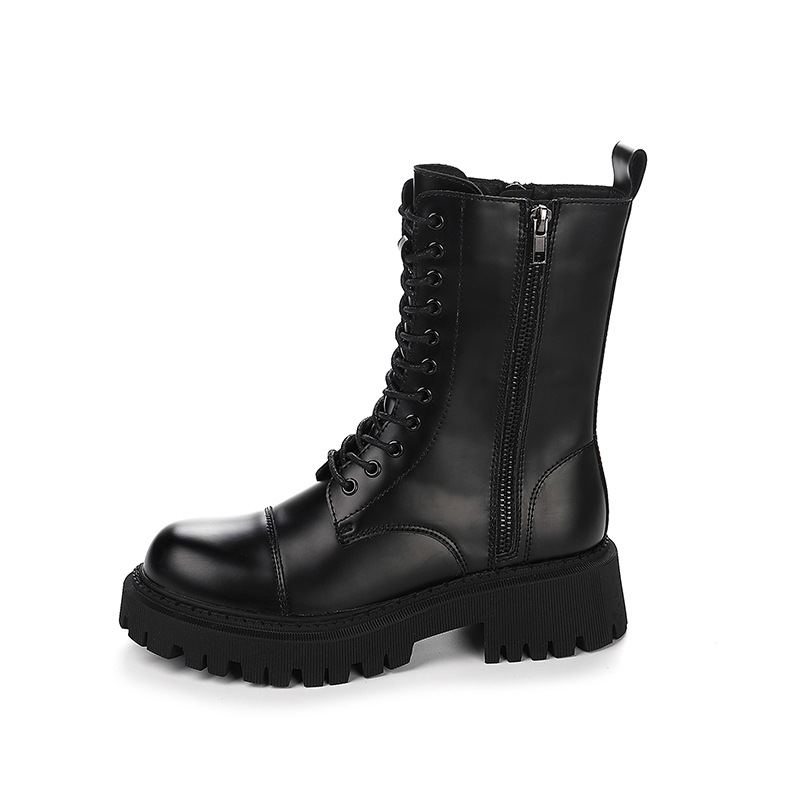 

Boots Women Fashion Solid Leather Middle Women's Boots Leather Lace-Up Thick Round Toe Shoes Winter Female, Black