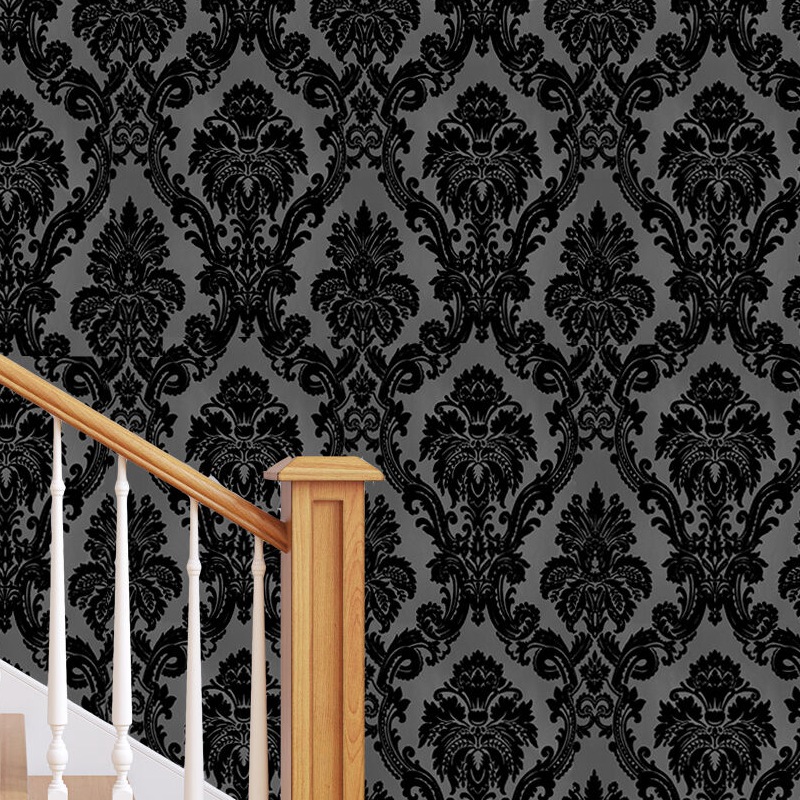 

Italian Wall Paper 3D shiny black Damask Luxury Europe Velvet Flock Wallpaper Roll Sofa Background Decor, As pic