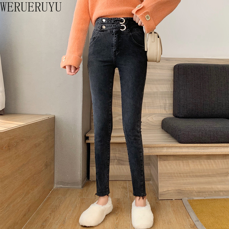 

WERUERUYU 2020 new simple feet jeans women high waist was thin pencil pants slim multi-button trousers, Photo color