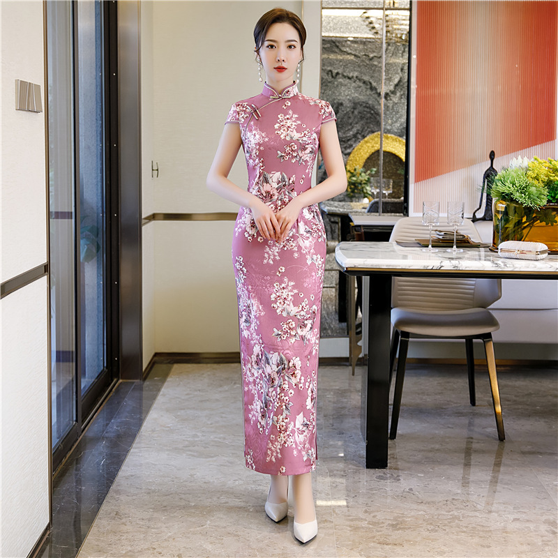 

Short Sleeve Cheongsam Elegant Women Mandarin Collar Long Party Dress Sexy Summer Evening Qipao Button Vestido Plus Size M-4XL