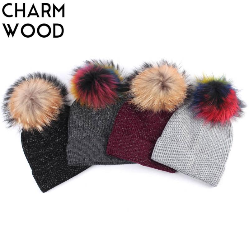 

Women's Beanie Hat with Raccoon Pompom Winter Cashmere Knitted Slouchy Beanie for Women Female Skullies with Real Fur Pompom, Khaki a