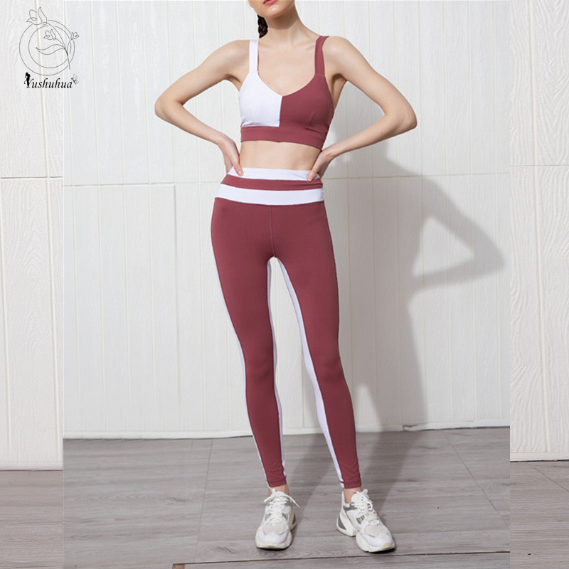 

Yushuhua New Contrast Stitching Women's Sports Suit Gym Gather Bra Yoga Leggings Quick-drying Sportswear 2 Pieces Yoga Set, White and red