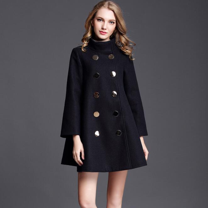 

2020 Autumn Winter Black Cloak Coat Stand Collar Double Breasted Solid Overcoat Woolen Cape Coats Women Clothing, As pic