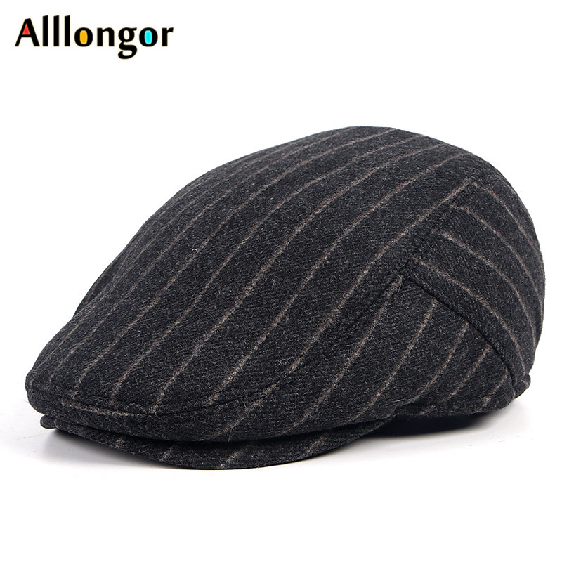 

High Quality Beret Hat Men New Autumn 2020 Winter Thick Warm Vintage Striped Print Ivy Newsboy Flat Cap Dad Hats Dropshipping, Black