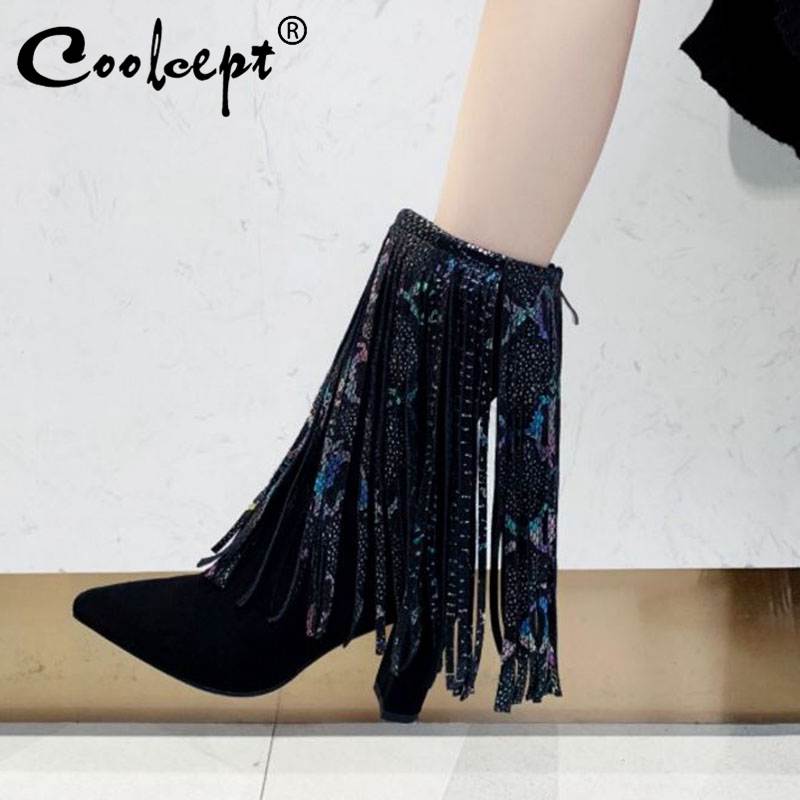 

Coolcept Women Real Leather Snakeskin Pattern Mid Calf Boots Tassel Pointed Toe High Heel Winter Boots Footwear Size 34-39, Black