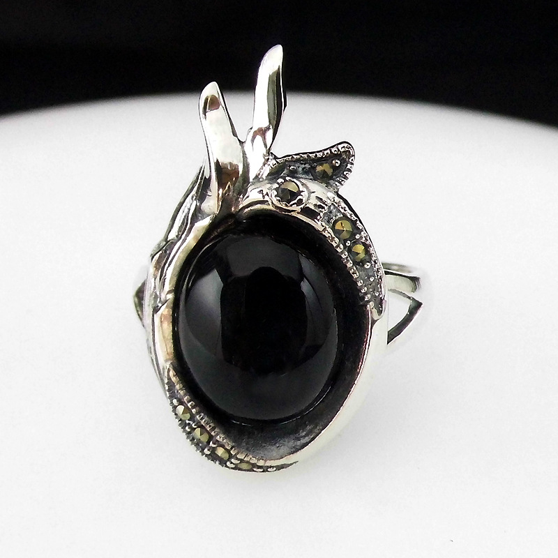 

FNJ Black Agate Rings 925 Silver Original S925 Thai Silver Ring for Women Jewelry MARCASITE Peacock Animal
