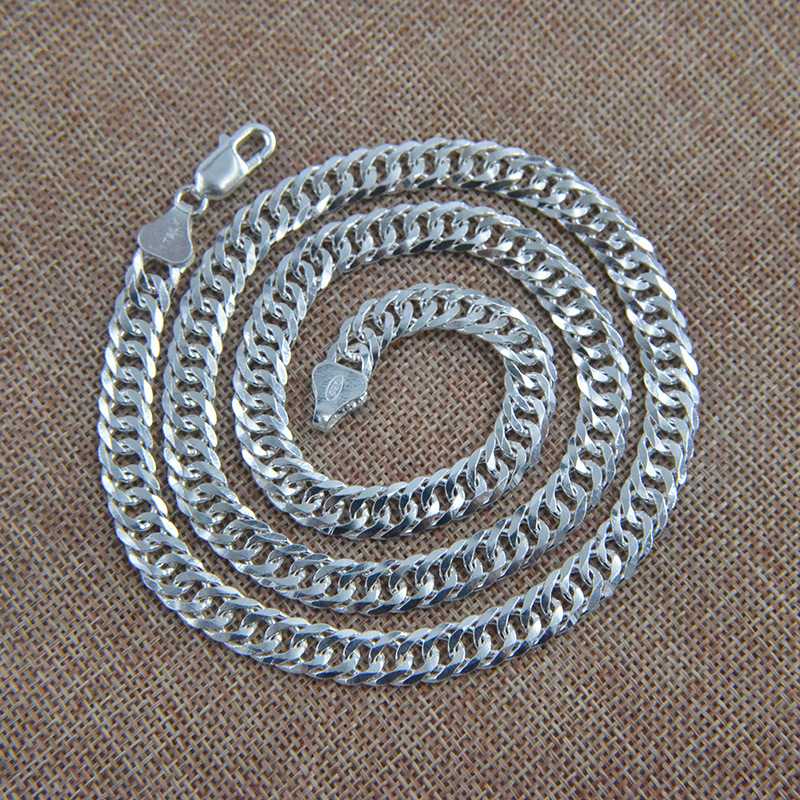 

100%S925 sterling silver double buckle necklace men's whip silver neck chain Korean version of the trendy male handsome wild 8mm