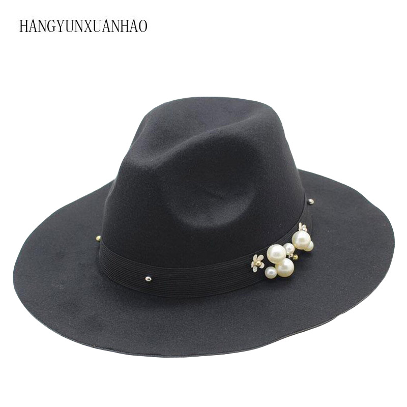 

Fashion Wool Men's Women's Winter Autumn Fedora Hat With Pearl Cloche Cap Women's Brim Sombreros Jazz Cap Top Sun Hat, Black