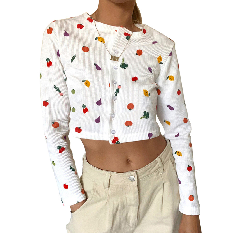 

Women Button Decorated Cardigan T-shirt Printed Full Length Regular Sleeve Round Neck Polyester Elegant Fashion T-shirt, White