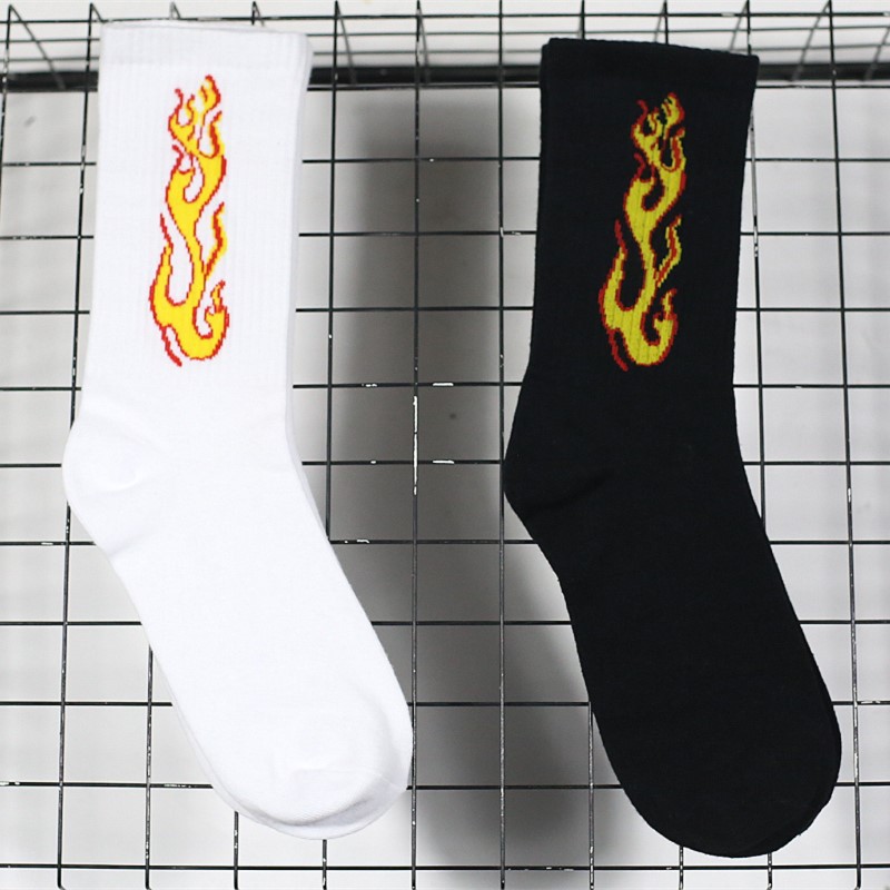 

Men Fashion Hip Hop Hit Color On Fire Crew Socks Red Flame Blaze Power Torch Hot Warmth Street Skateboard Cotton Long Socks, Black