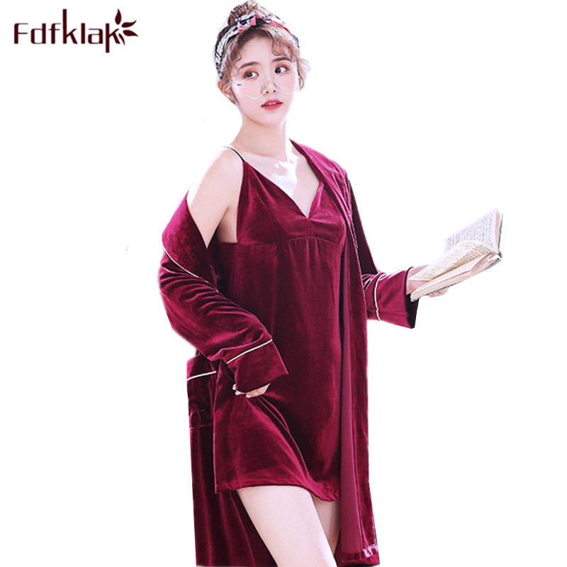 

Fdfklak Gold velvet warm sleepwear women autumn winter bathrobe sexy two piece nightwear robe set new lounge wear home clothes, Grey
