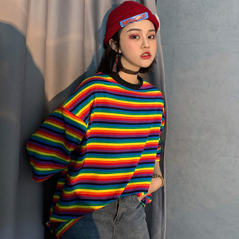 

summer new Women T-Shirts Rainbow Striped Tee Shirts O-neck Harajuku Loose T Shirt Woman Clothes Short Sleeve Tshirts streetwear, May 6651