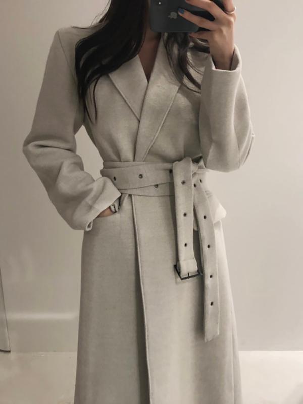 

Hebaoli new fashion korean chic vintage style elegant lace up waistband slim long winter windbreaker woolen coat western women, Beige