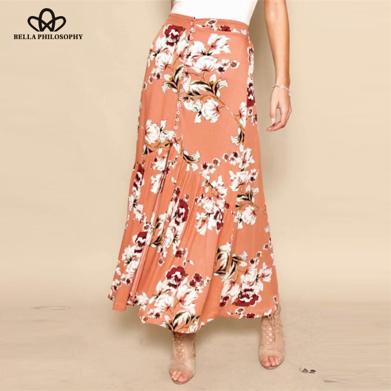 

Herstory flower and bird print beach skirt summer buckle wrinkle holiday buttons long skirt, Black