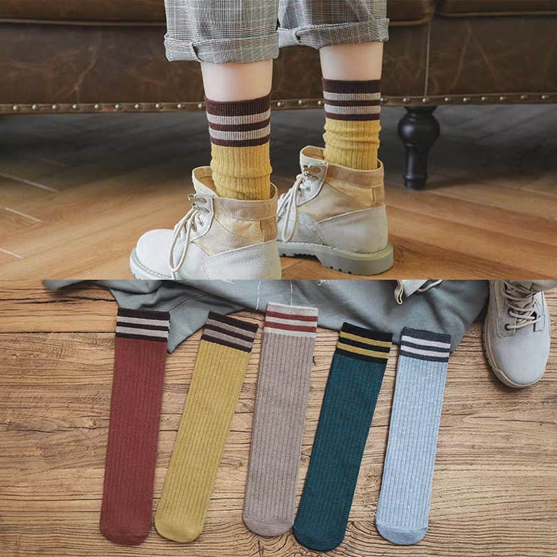 Striped Women Socks Cute High School Girls Cotton Loose Crew Socks Colorful Women Harajuku Designer Retro 7 Pair-image-588008566