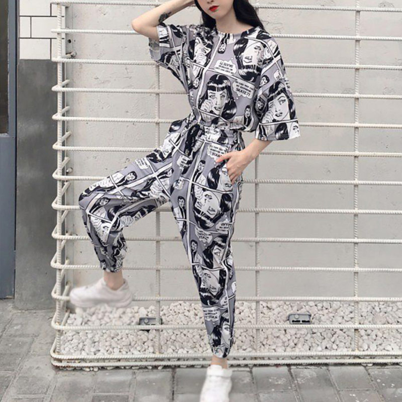 

Women 2Pcs Set Tracksuits Cartoon Printed Harajuku Short Sleeves T-Shirt Tops Long Joggers 2020 Autumn Korean Lady Suit Hip Hop, As picture