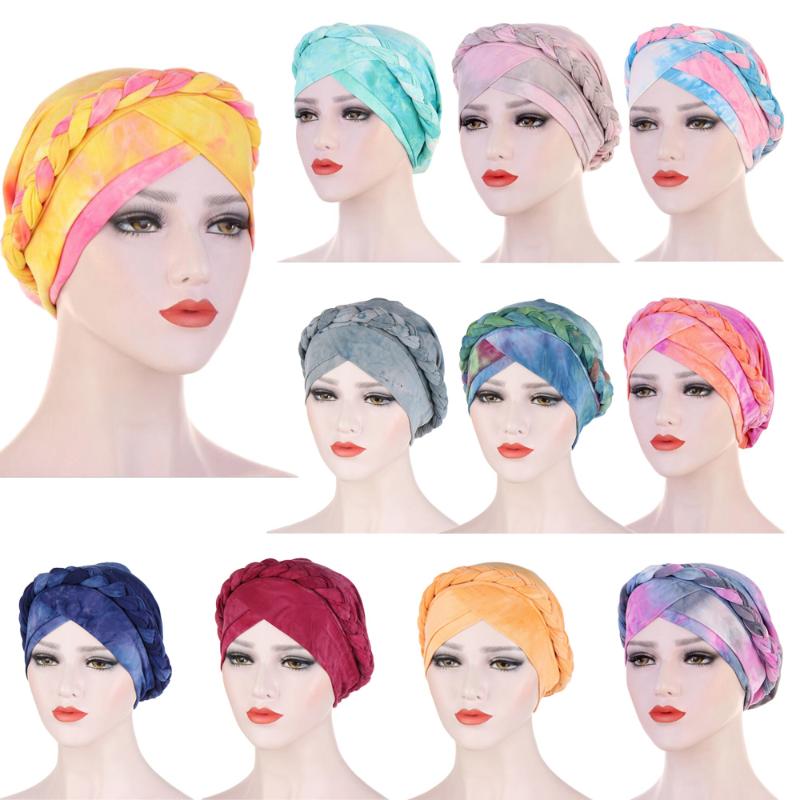 

Lady Women Cancer Hat Chemo Cap Tie Dye Muslim Braid Head Scarf Turban Head Wrap Cover Ramadan Hair Loss Islamic Headwear Arab, 09 pink gray