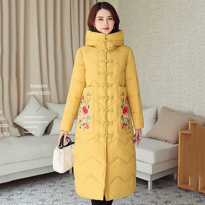

X-long Winter Jackets Women's Hooded Floral Print Loose Woman Parkas Chinese Style Stand Collar Thick Plus Size Female Cold Coat, Beige