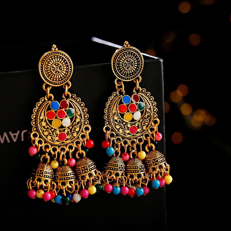 

Women's Retro Tassel Earrings Ethnic Ladies Gold Bell Multicolor Beads Tassel Hollow Jhumka Earrings Gypsy Jewelry
