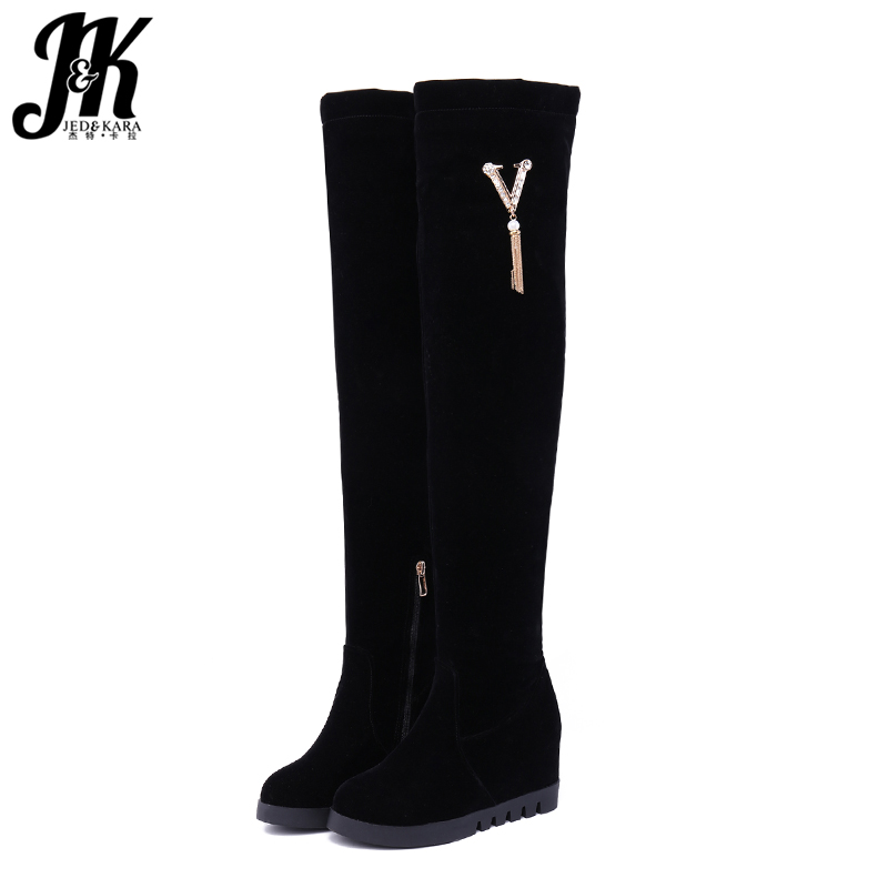 

JK High Heels Boots Women Metal Insert Boot Ladies Round Toe Stretch Flock Platform Shoes Zip Thigh High Shoes Female Winter, Black short plush