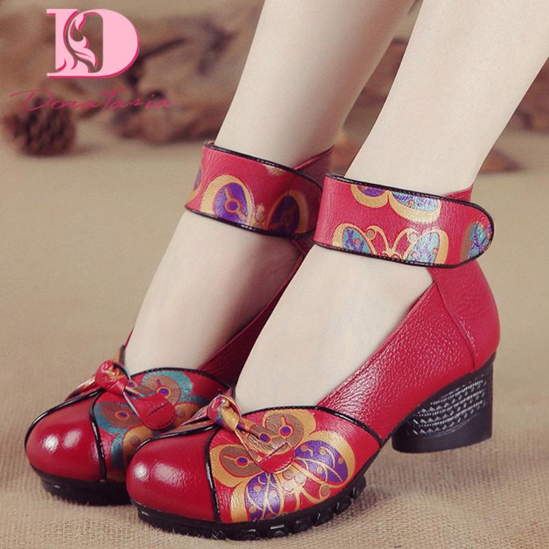 

Doratasia 2020 Big Size 42 Cosy MOM Walking Shoes Round Heels Women Shoes Split Leather Printed Pumps, Black