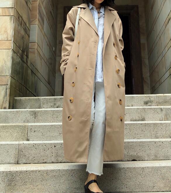

Women Trench Coat Black/ Khaki Overcoat Casual Cotton Double Breasted Long Women Coat with Belt on Sleeve