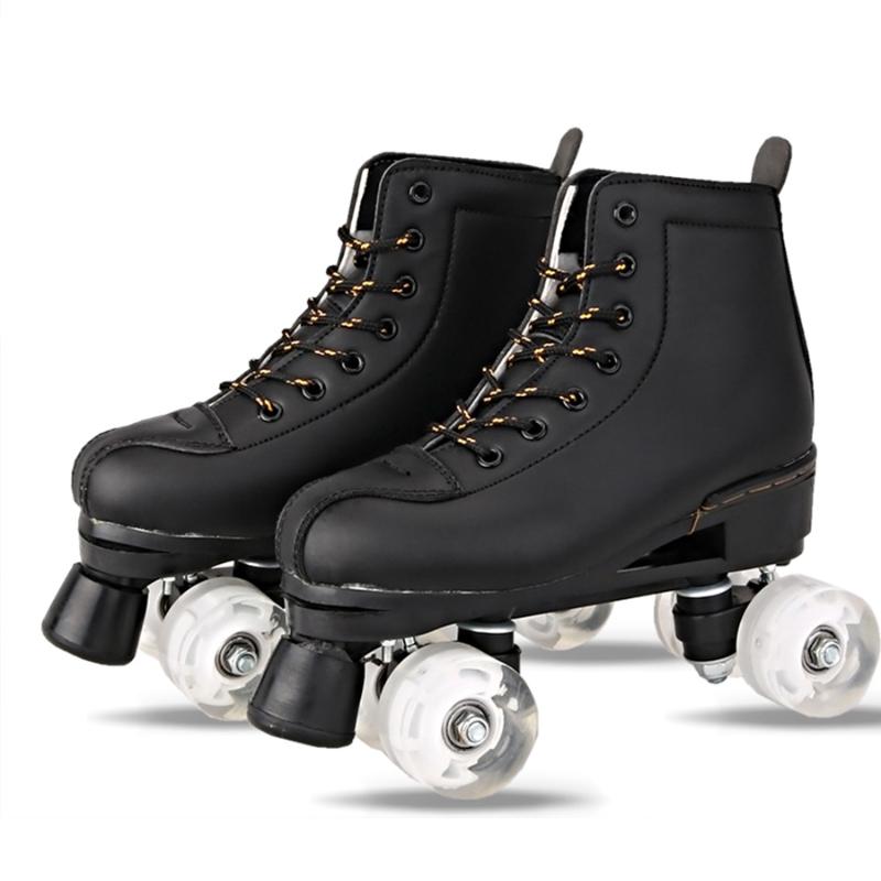 

Japy Artificial Leather Roller Skates Double Line Skates Women Men Adult Two Line Skating Shoes Patines With White PU 4 Wheels, White no led