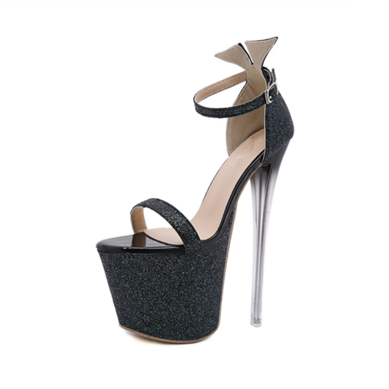 

2020 summer new fashion waterproof platform super high heel 18cm crystal heel Word sexy sandals women plus size 35-42, Black