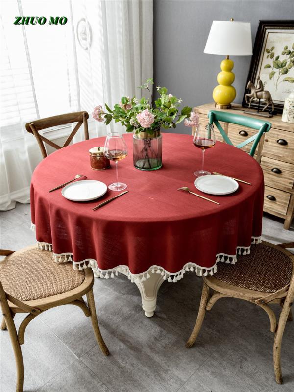 

Fringed lace round tablecloth for home kitchen solid color cotton and linen round Coffee shop restaurant table cloth table cover, Blue lace