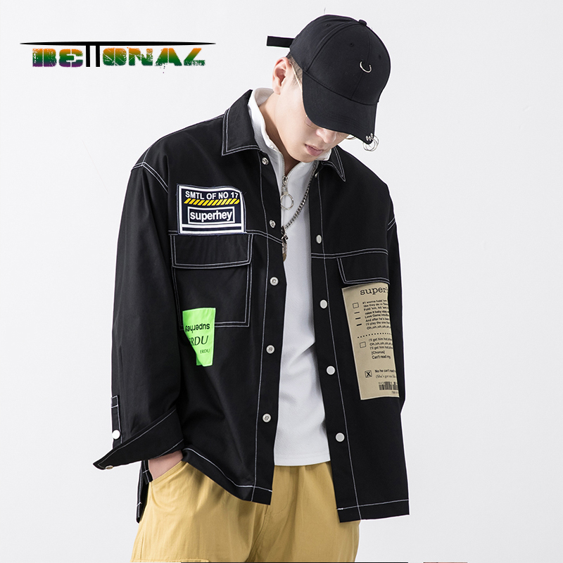

BETTONAL autumn safari vintage style long sleeve shirt men Multiple pockets Loose shirts for male clothing Japan south Korea, Black