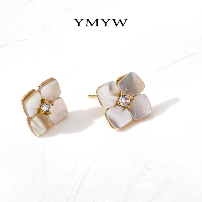 

YMYW Luxury Natural Shell Flowers Stud Earrings Shiny Cubic Zirconia Jewelry Korean Exquisite Women Geometric Small Earrings
