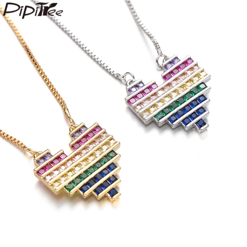 

Pipitree Zircons Jewelry Rainbow Heart Pendant Necklace for Women Lovers Copper CZ Zircon Chain Necklaces Bridal Wedding Gift