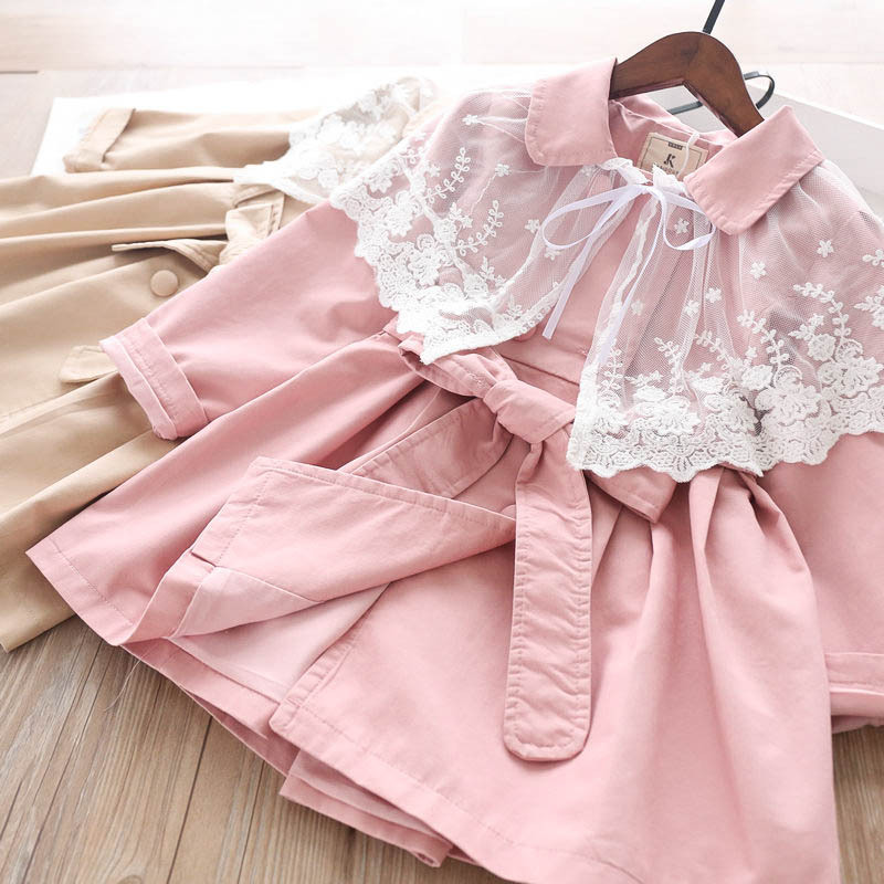 

20250 Autumn Baby Girls Lace Cappa Double Breasted Trench Coat Children's Clothing Wholesale, Khaki