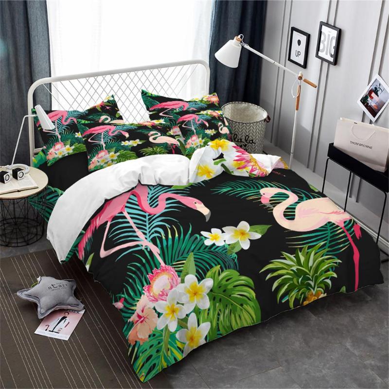 

Tropical Green Plant Leaves Bedding Set Jungle Flamingo Floral Printed Duvet Cover Set  Full Queen King Bedding 3Pcs D45, S-as80