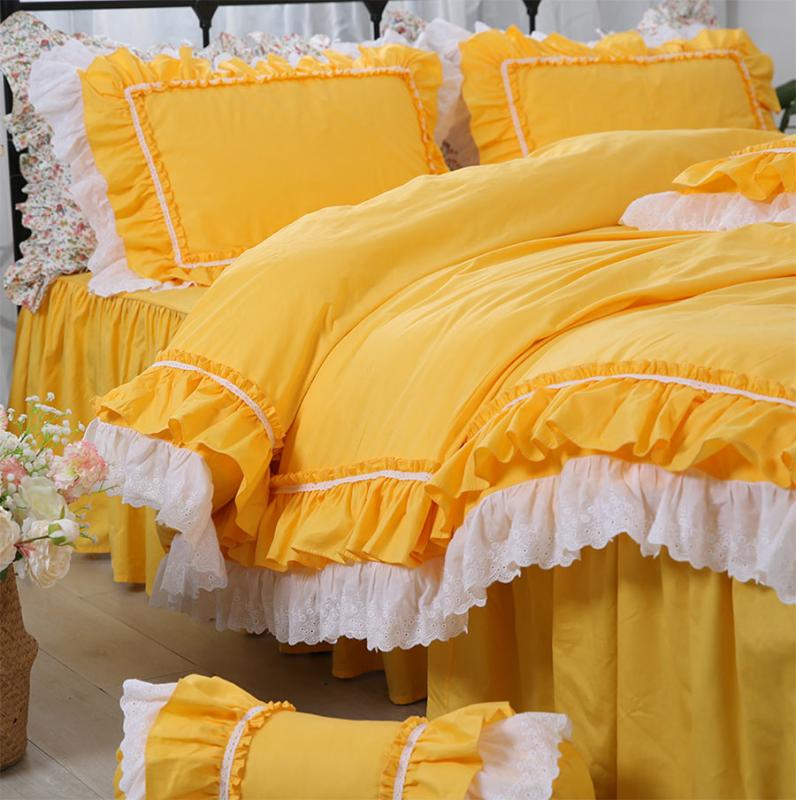 

Yellow pure color bedding set,  full queen king cotton fashion single double home textile bed skirt pillow case quilt cover, Picture color