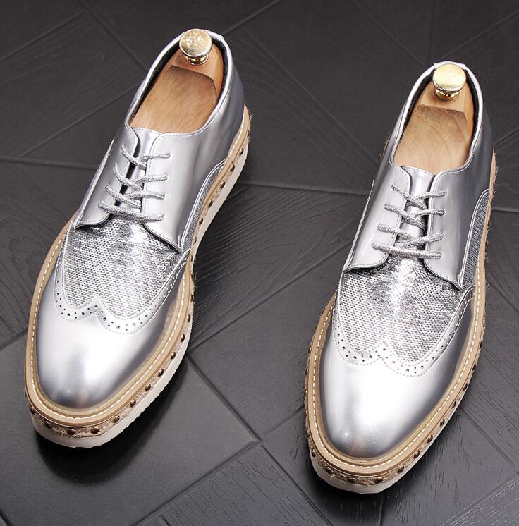 

British style mens party night club wear bright patent leather bullock shoes carved brogue oxford shoe youth platform sneakers, Black