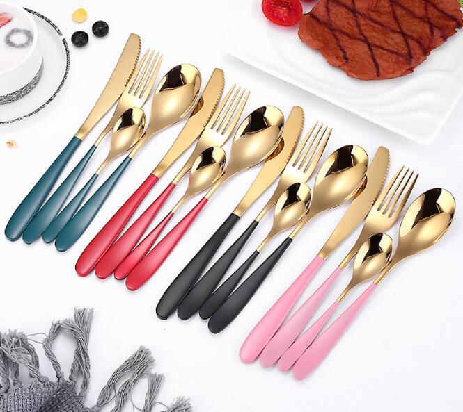 

1SET Steel Cutlery Set Gold Cutlery Set Stainless Steel Western Dinnerware Kitchen Knives Spoon Pink XB 044